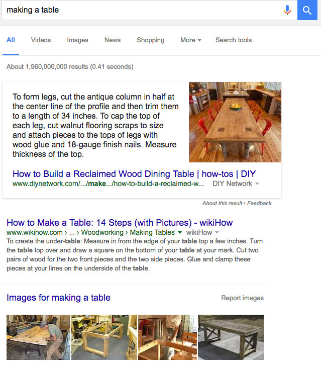 An example of a google featured snipped result